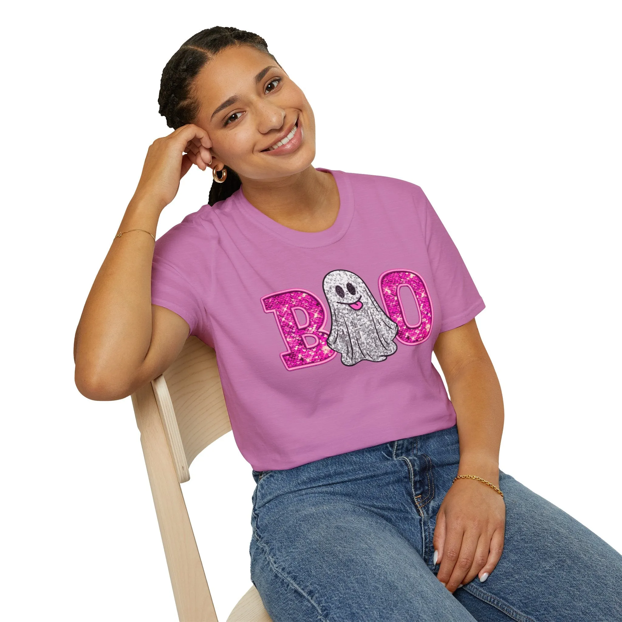 Faux Glitter "BOO" Shirt  Spooky Meets Sparkly! - Unisex Softstyle T-Shirt