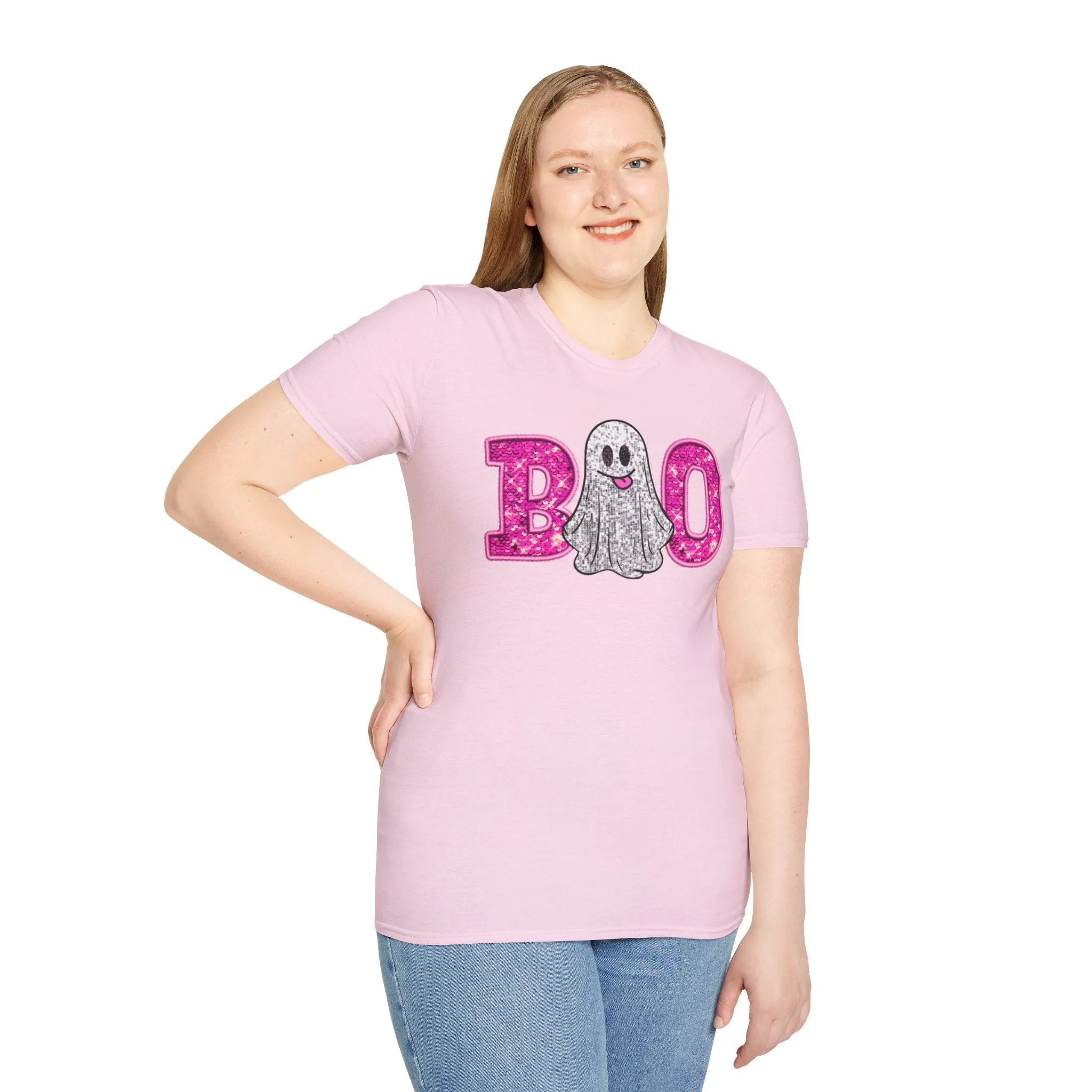 Faux Glitter "BOO" Shirt  Spooky Meets Sparkly! - Unisex Softstyle T-Shirt