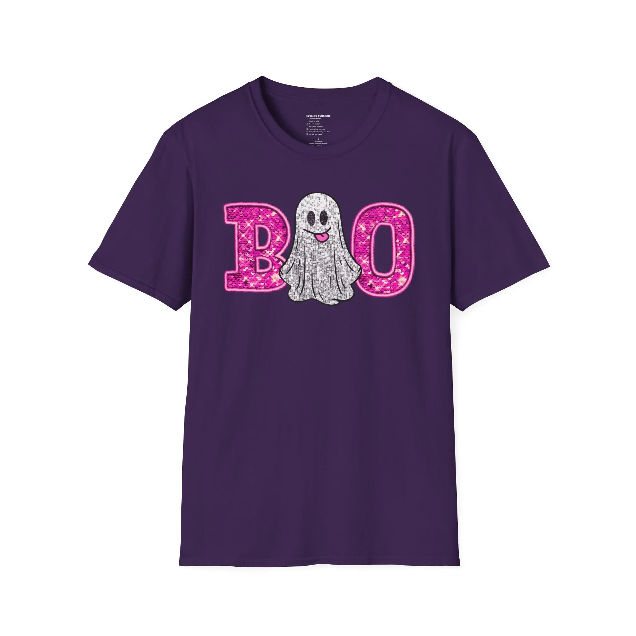 Faux Glitter "BOO" Shirt  Spooky Meets Sparkly! - Unisex Softstyle T-Shirt