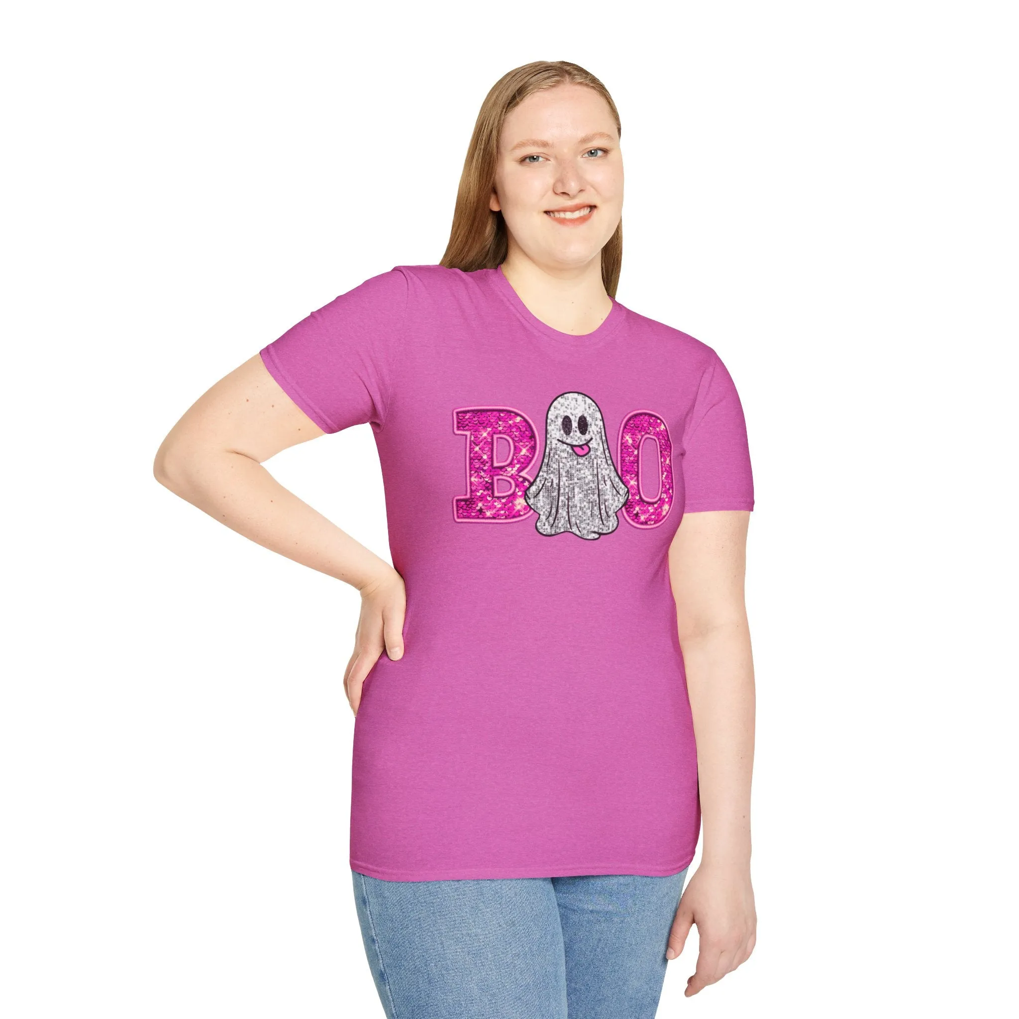 Faux Glitter "BOO" Shirt  Spooky Meets Sparkly! - Unisex Softstyle T-Shirt