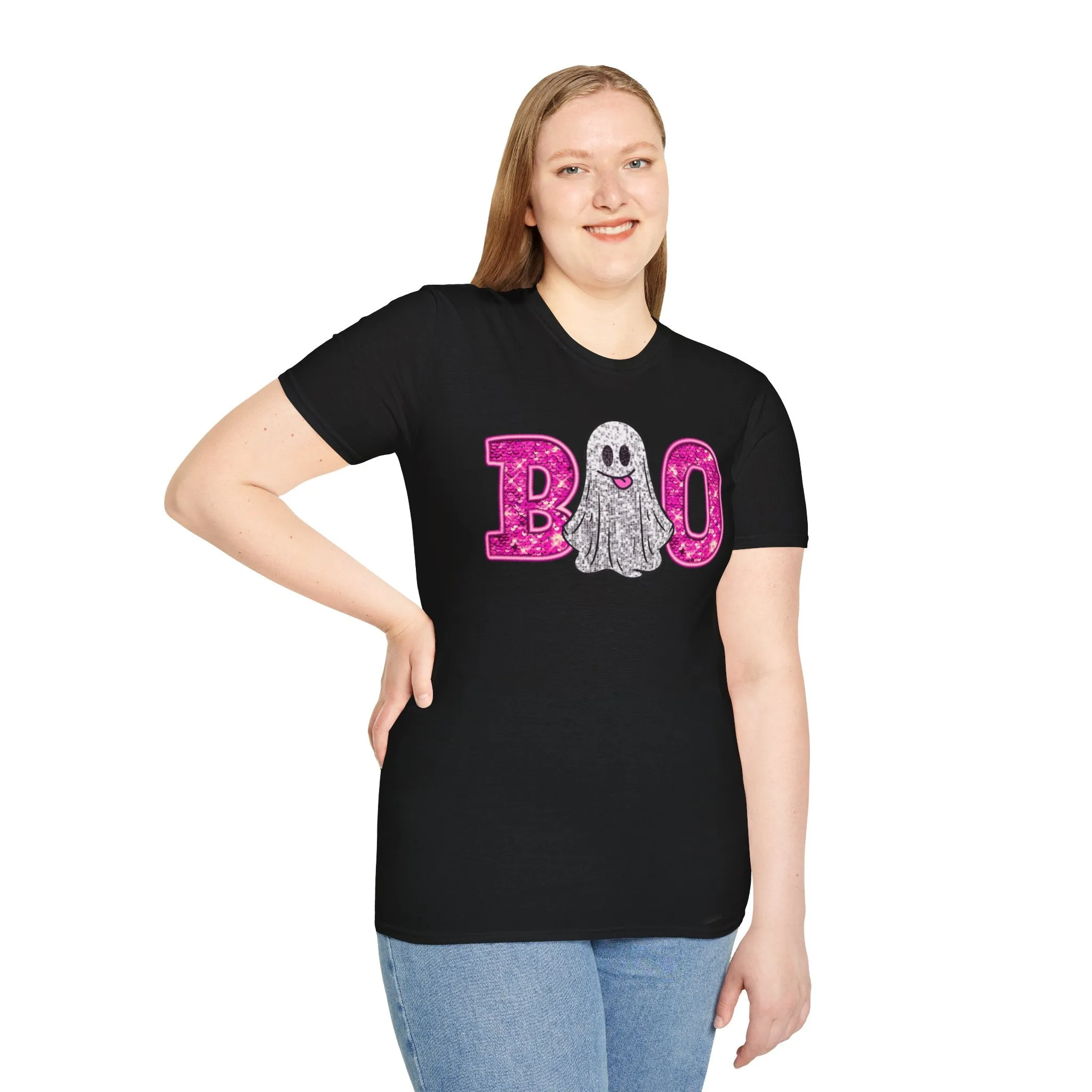 Faux Glitter "BOO" Shirt  Spooky Meets Sparkly! - Unisex Softstyle T-Shirt