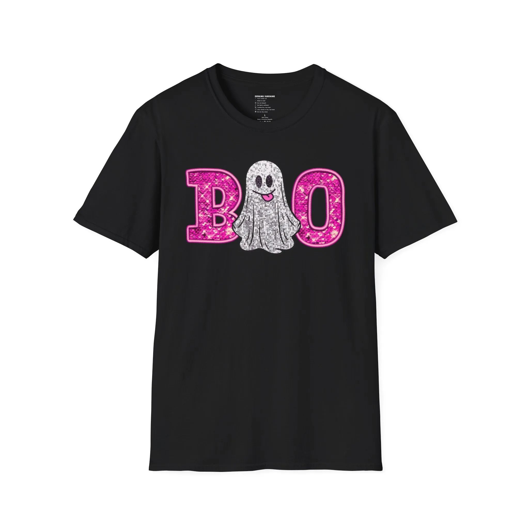 Faux Glitter "BOO" Shirt  Spooky Meets Sparkly! - Unisex Softstyle T-Shirt