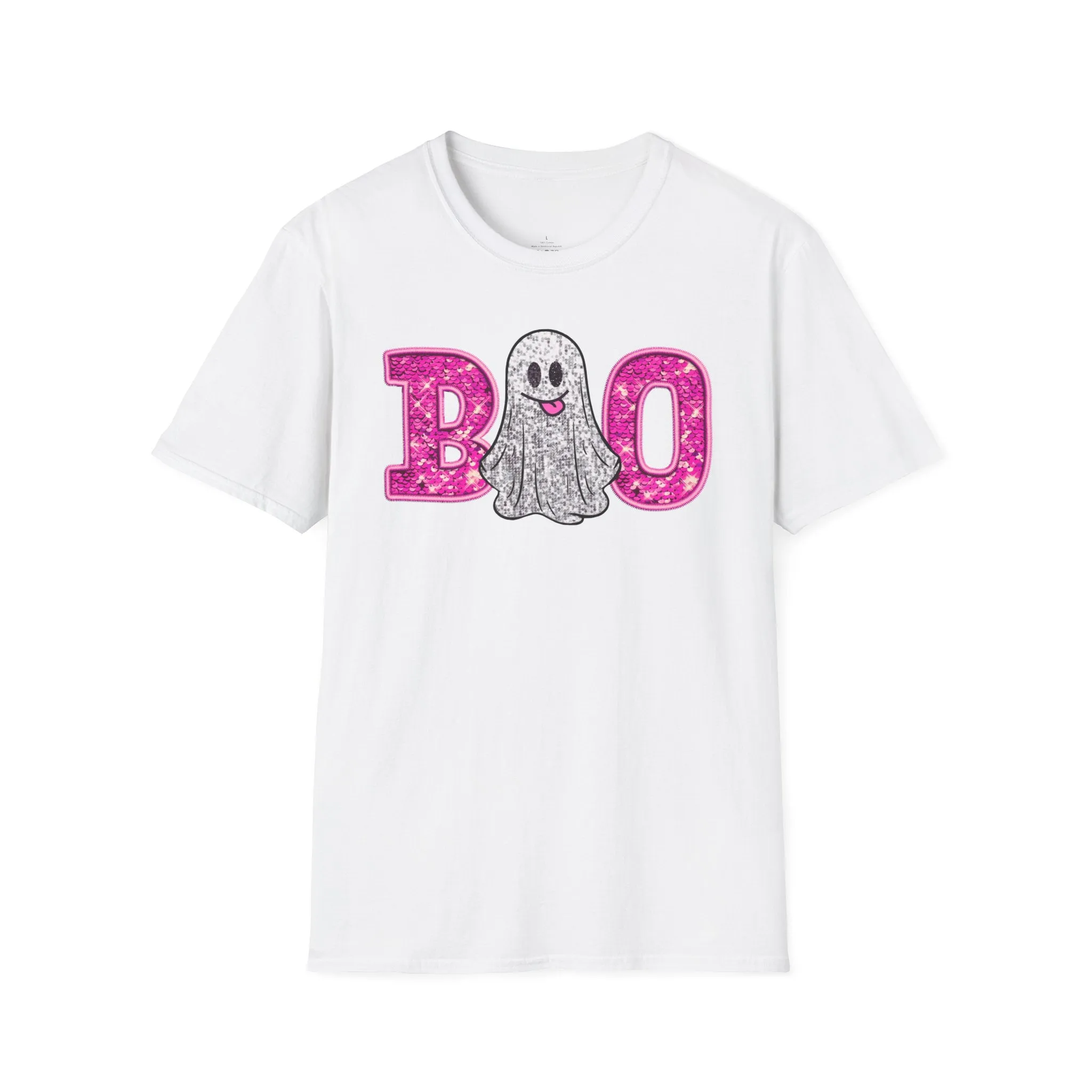 Faux Glitter "BOO" Shirt  Spooky Meets Sparkly! - Unisex Softstyle T-Shirt