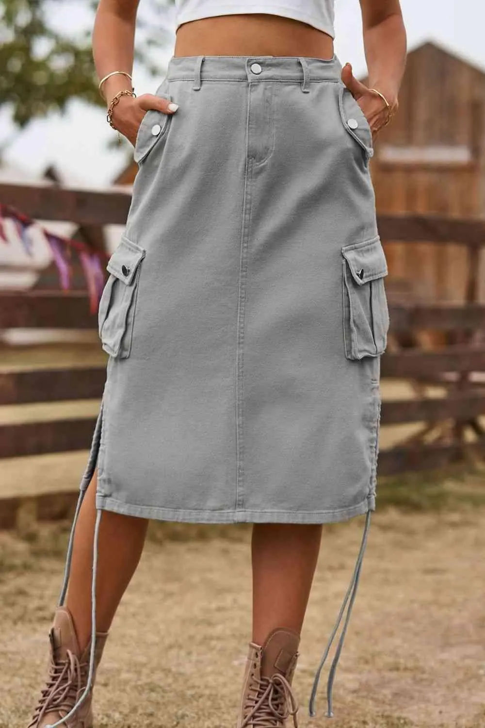 Forever Trendy Drawstring Cargo Denim Skirt