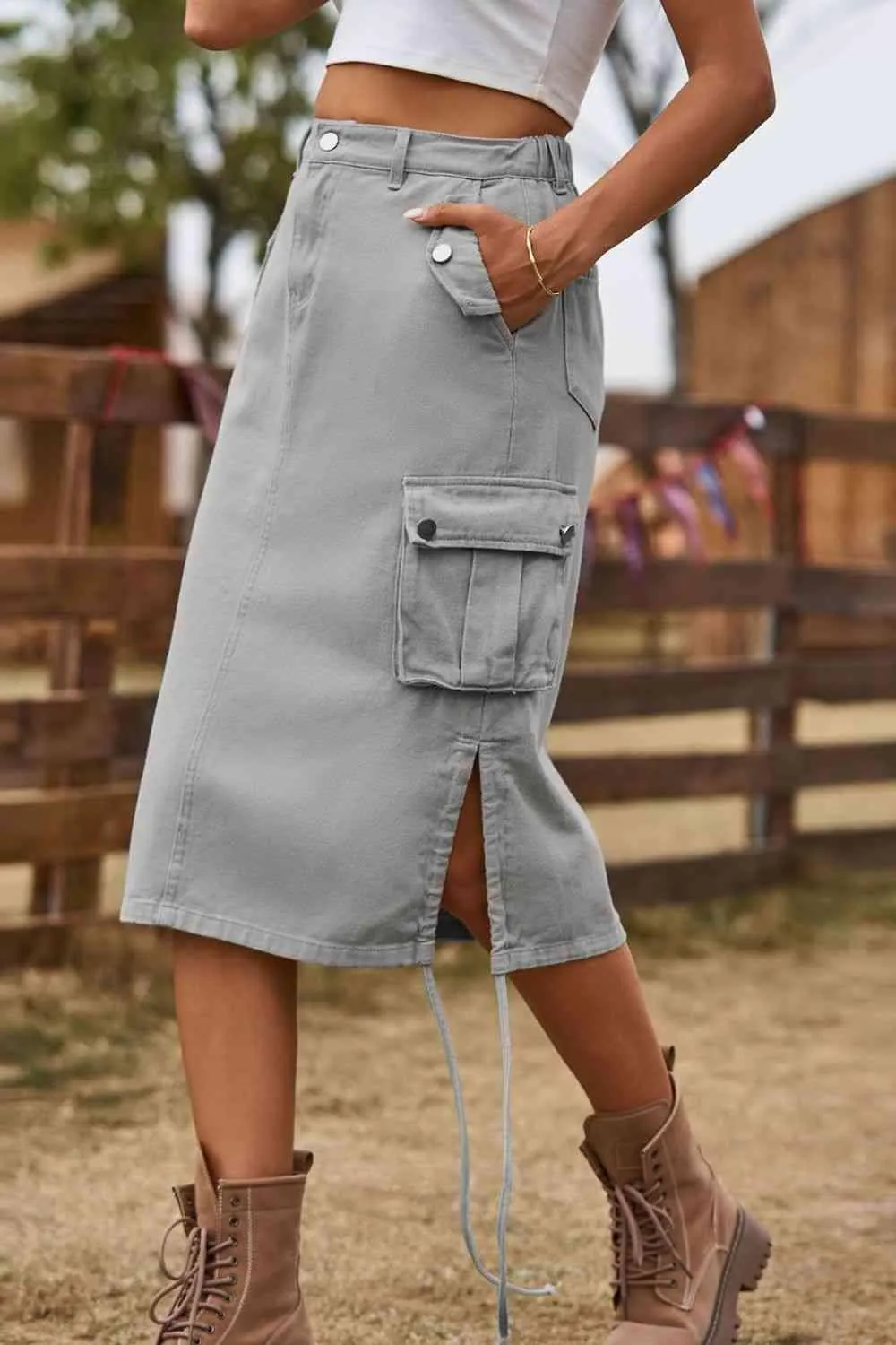 Forever Trendy Drawstring Cargo Denim Skirt