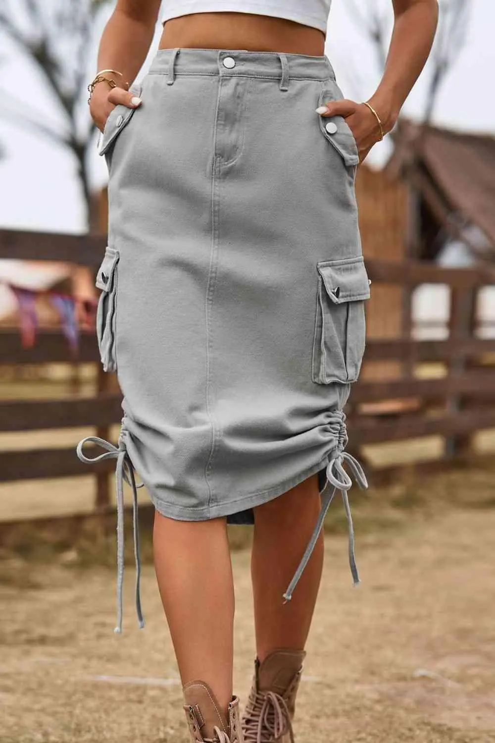 Forever Trendy Drawstring Cargo Denim Skirt