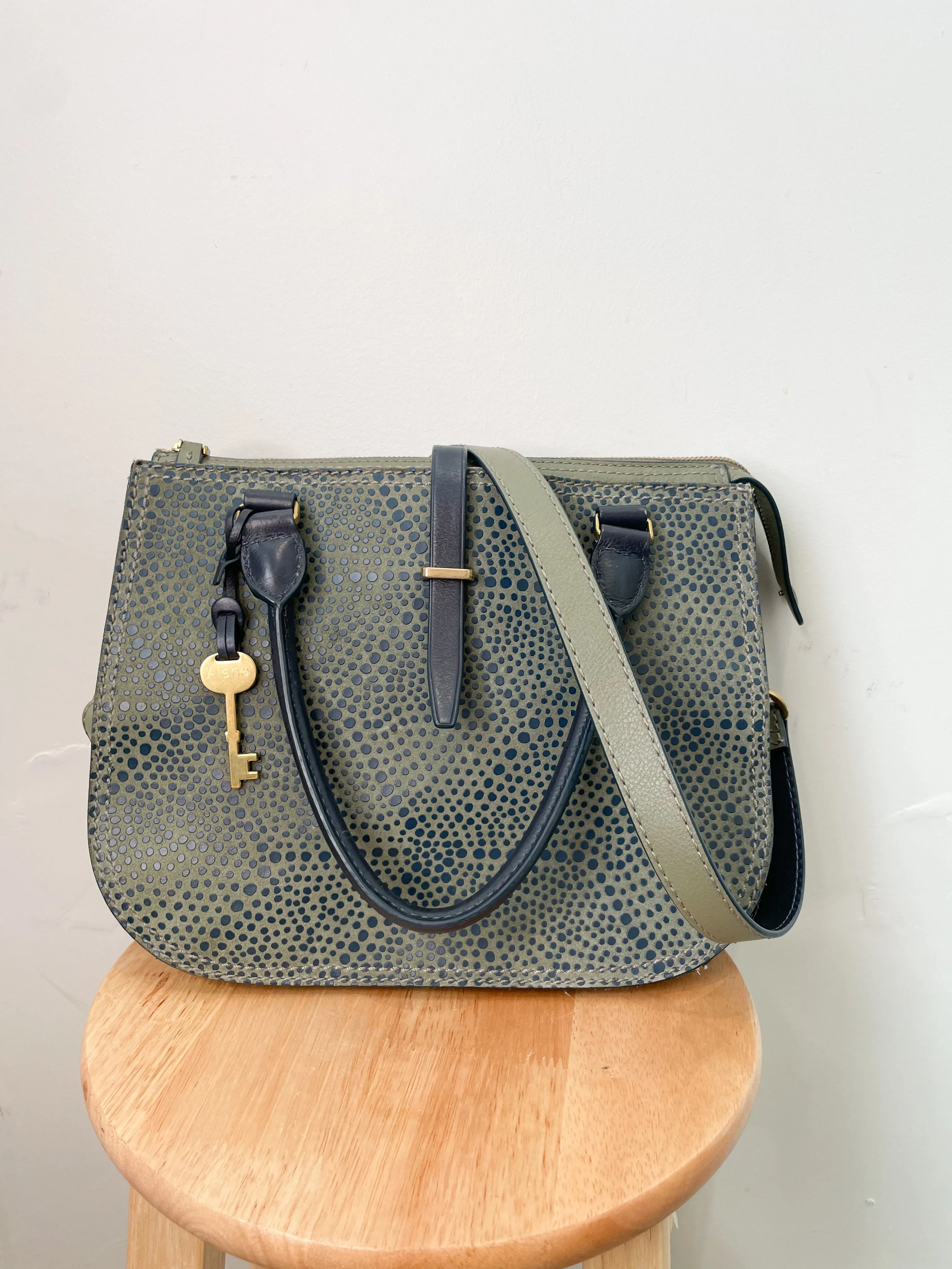 Fossil Olive Green Pebbled Leather Satchel Bag