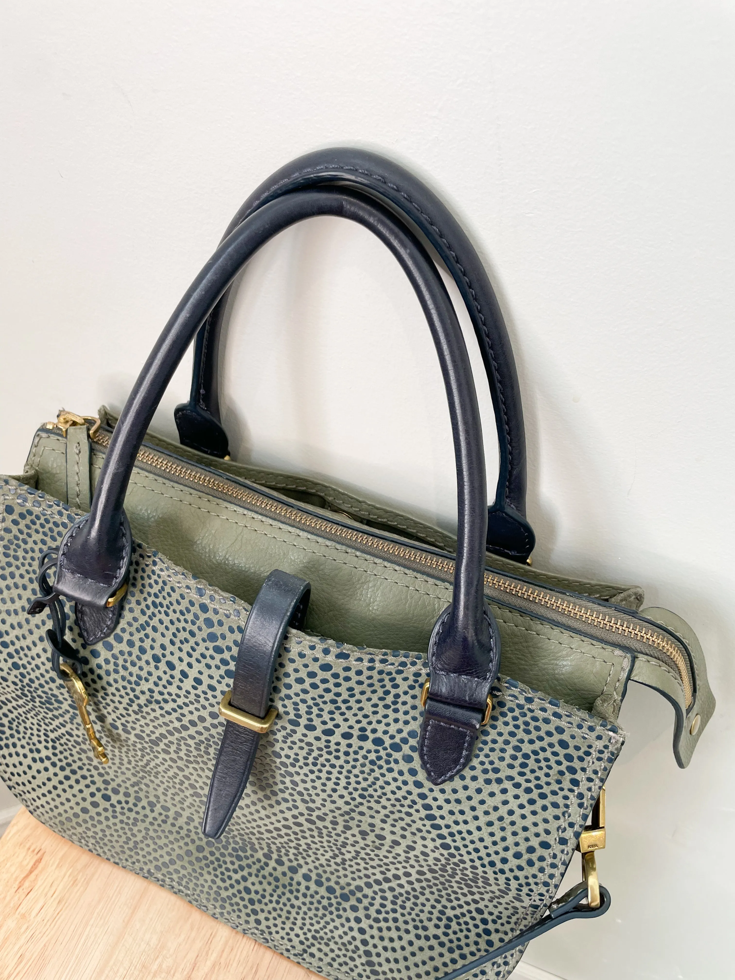 Fossil Olive Green Pebbled Leather Satchel Bag