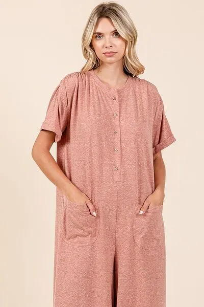 Hazel Blues® |  Mittoshop Button Detail Short Sleeve Wide Leg Jumpsuit