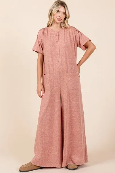 Hazel Blues® |  Mittoshop Button Detail Short Sleeve Wide Leg Jumpsuit