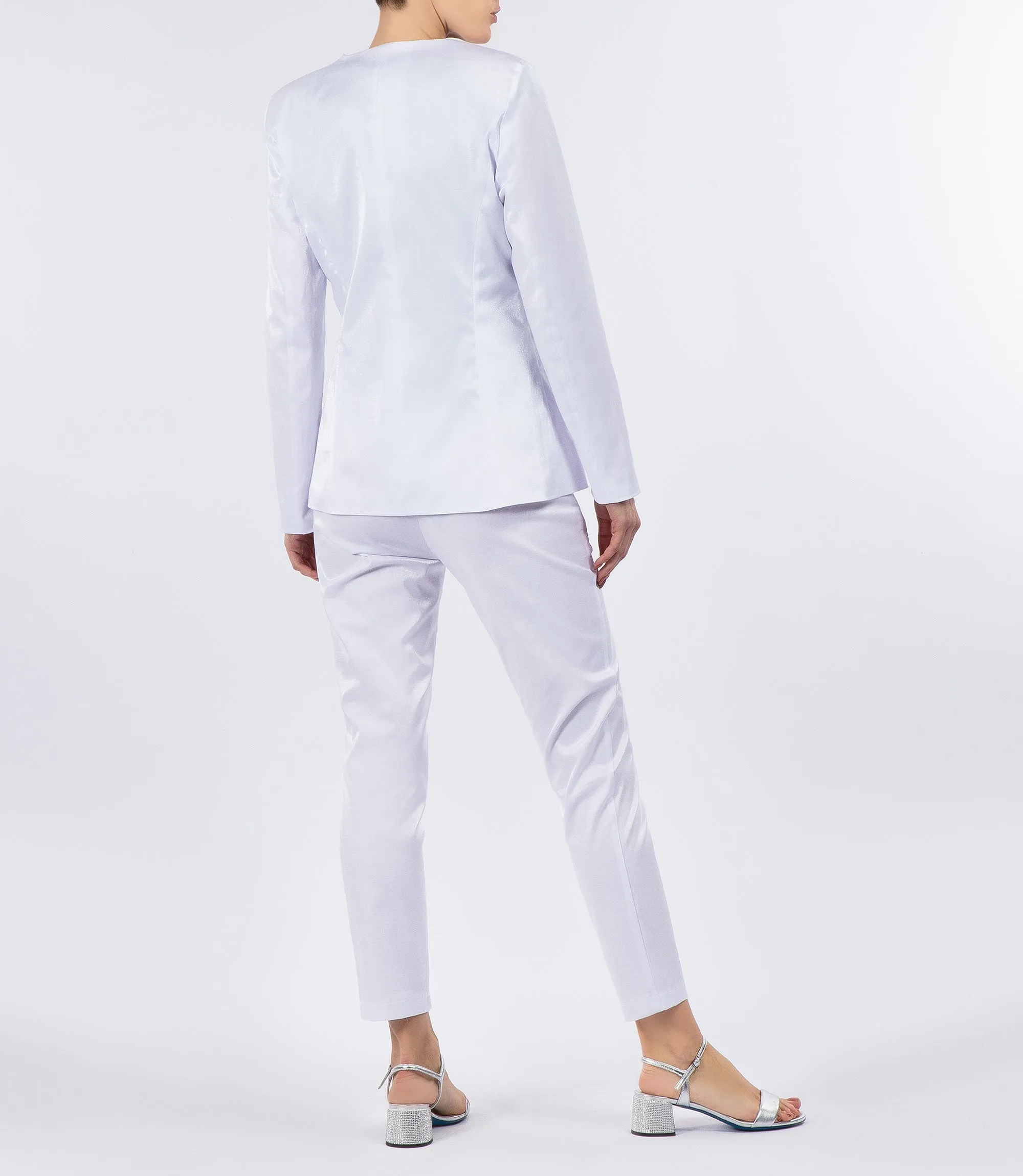 Iridescent white cotton blend slim-fit trousers