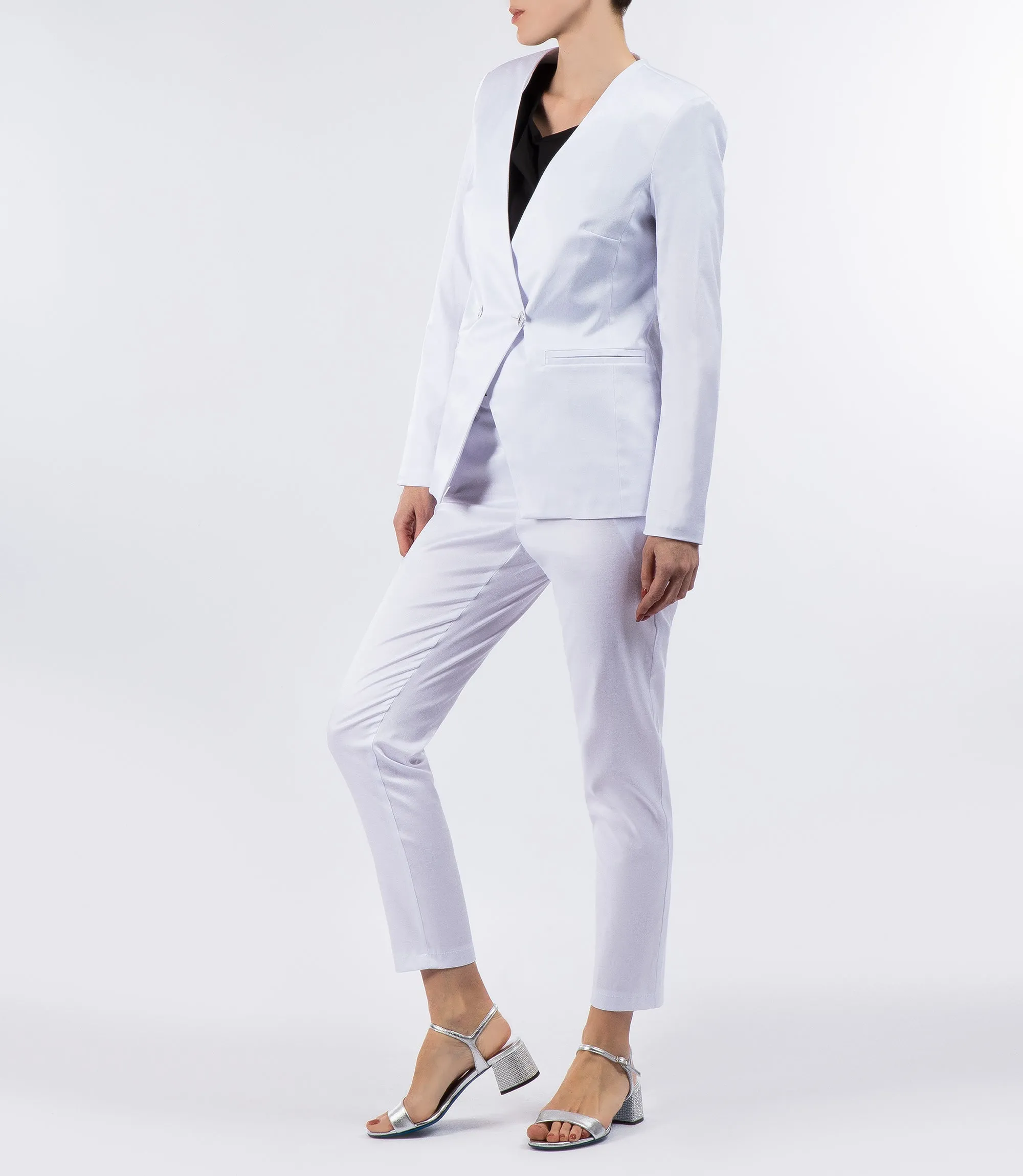 Iridescent white cotton blend slim-fit trousers
