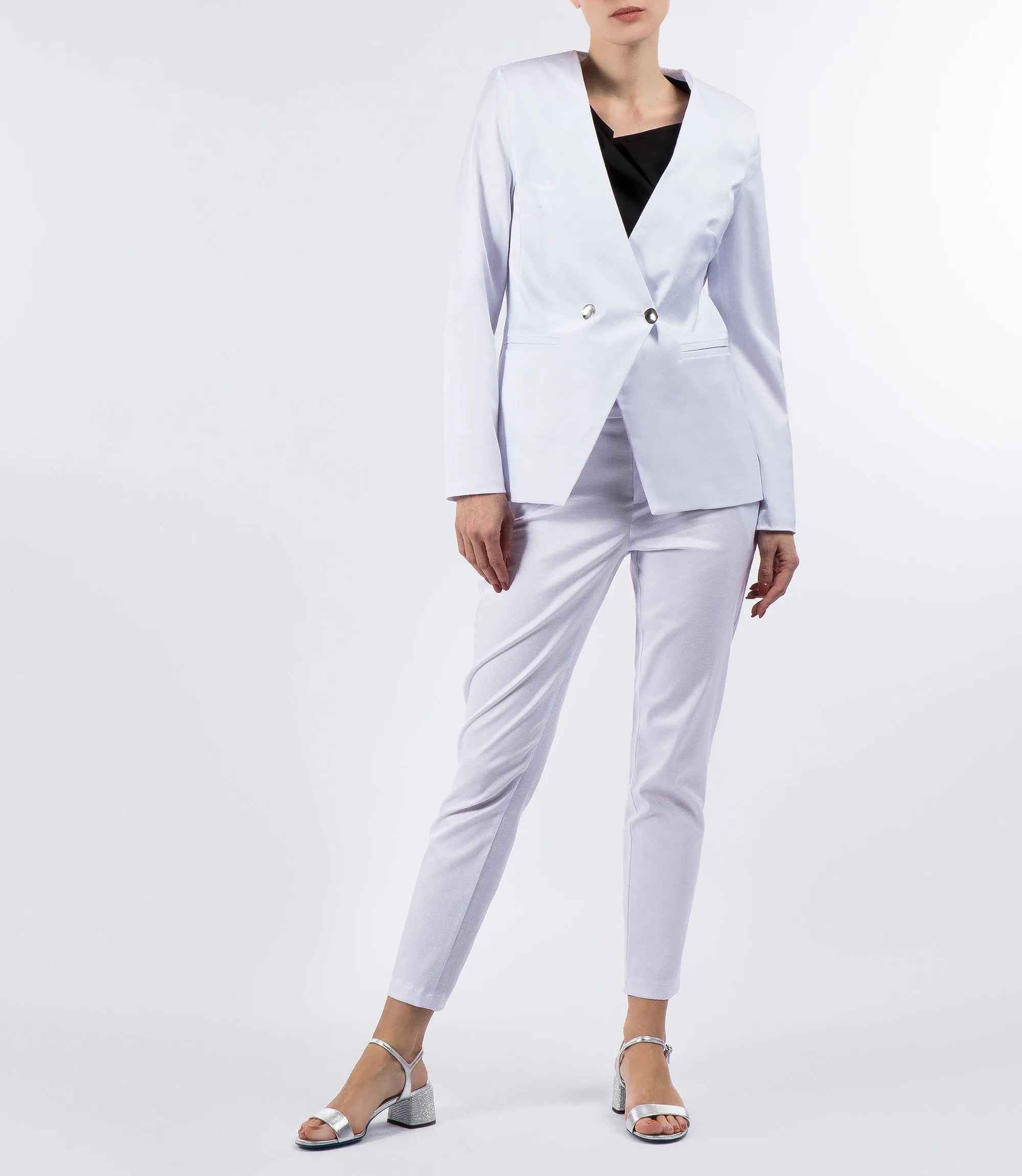 Iridescent white cotton blend slim-fit trousers