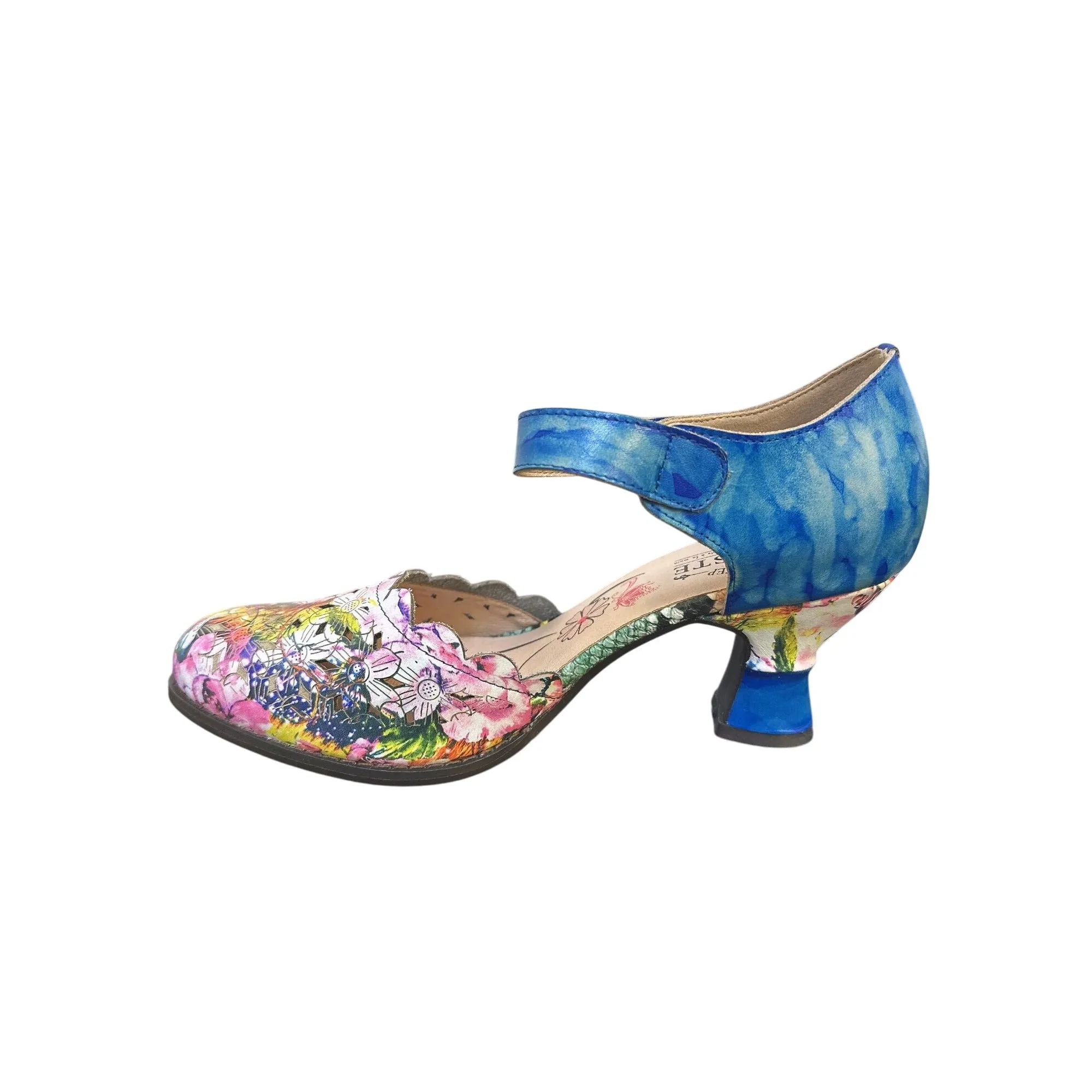 L'artiste Spring Step Floral & Blue Leather Mary Jane Heels Size 8.5