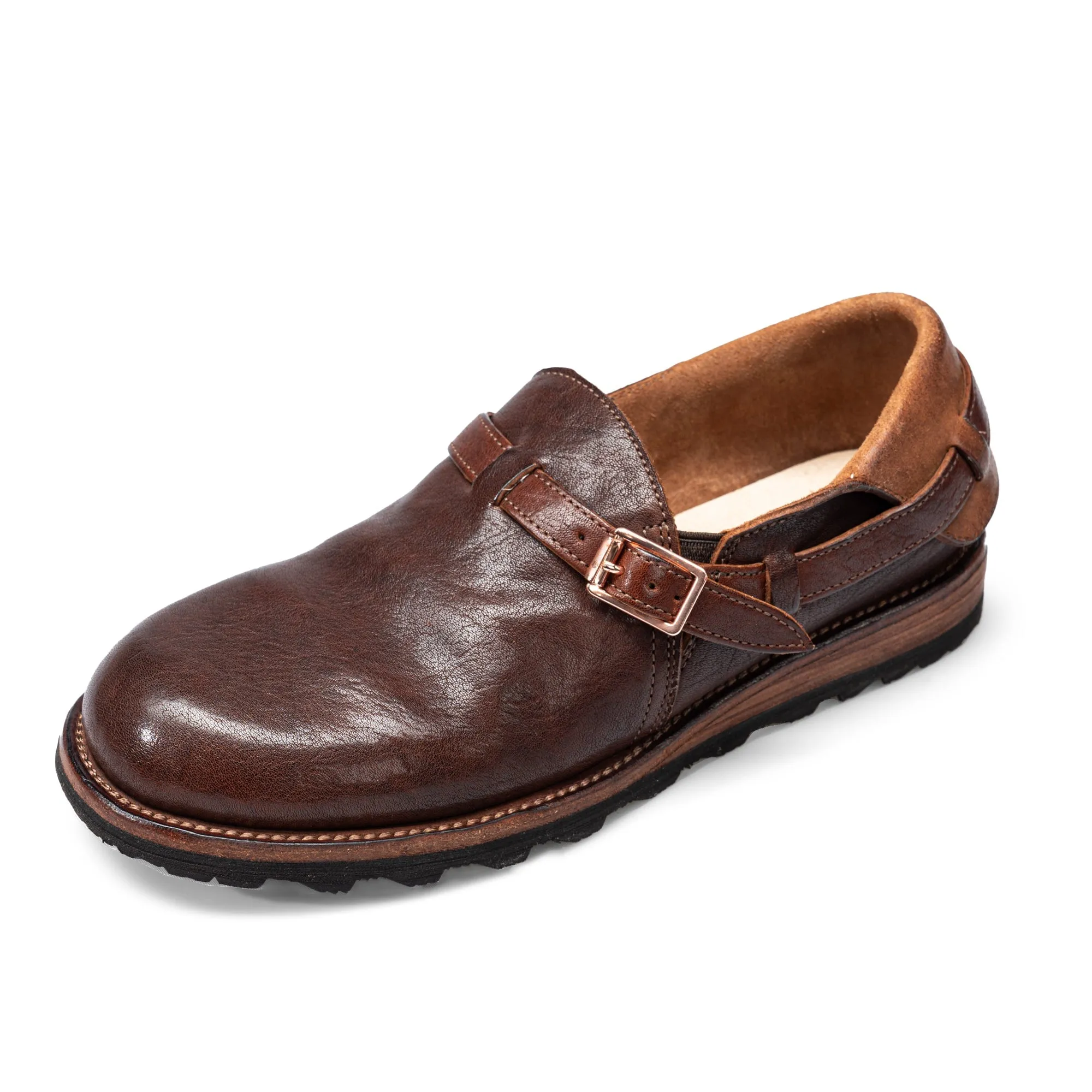Middle English-Womens Handmade Full Grain Horse Leather Flat Loafers - Black/Coffee