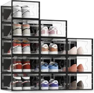 SEE SPRING Large 12 Pack Shoe Storage Box, Clear Plastic Stackable Shoe Organizer for Closet, Space Saving Foldable Shoe Rack Sneaker Containers Bins Holders (Black)