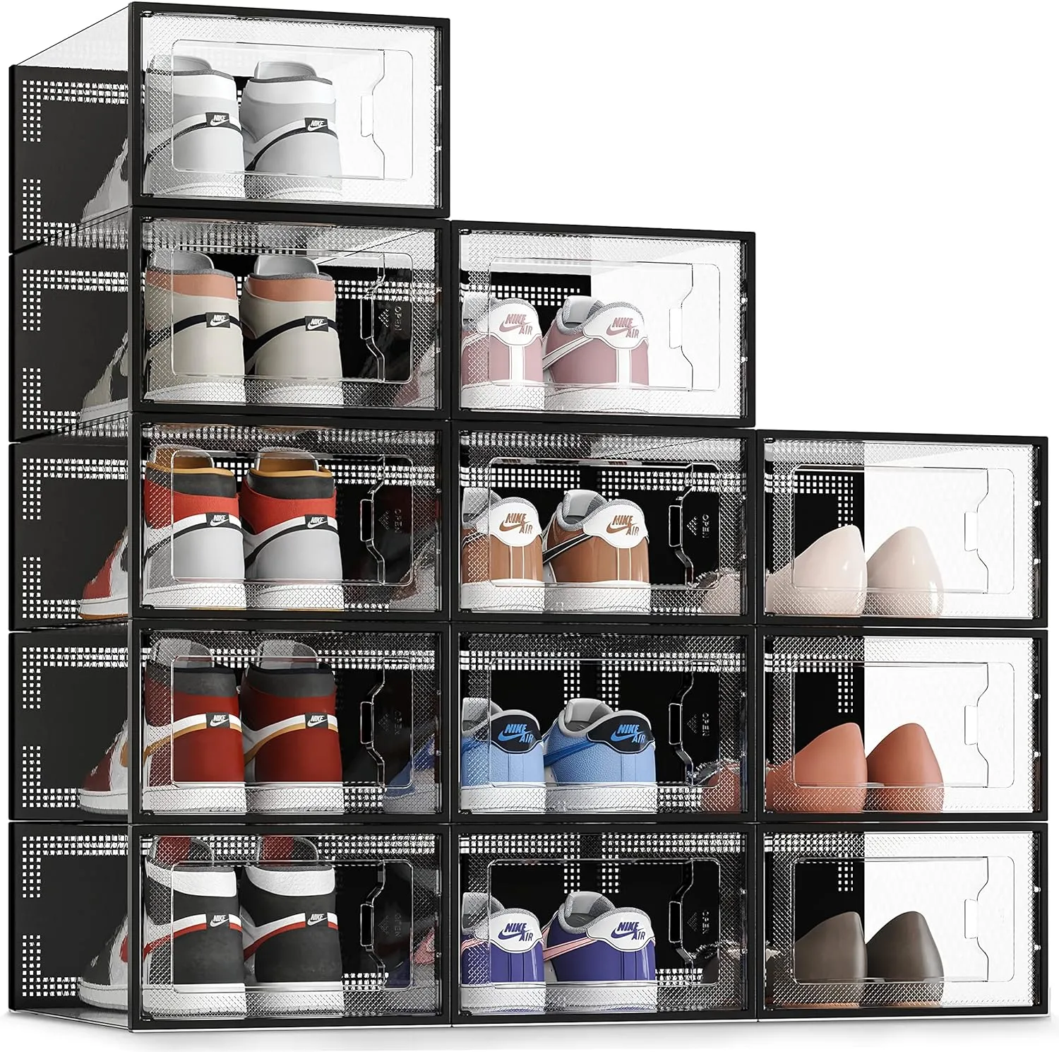 SEE SPRING Large 12 Pack Shoe Storage Box, Clear Plastic Stackable Shoe Organizer for Closet, Space Saving Foldable Shoe Rack Sneaker Containers Bins Holders (Black)