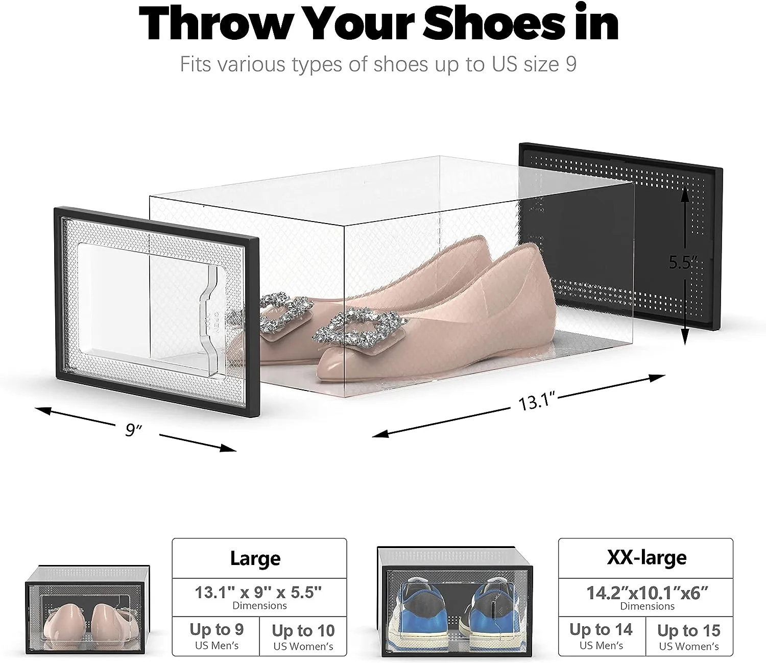 SEE SPRING Large 12 Pack Shoe Storage Box, Clear Plastic Stackable Shoe Organizer for Closet, Space Saving Foldable Shoe Rack Sneaker Containers Bins Holders (Black)