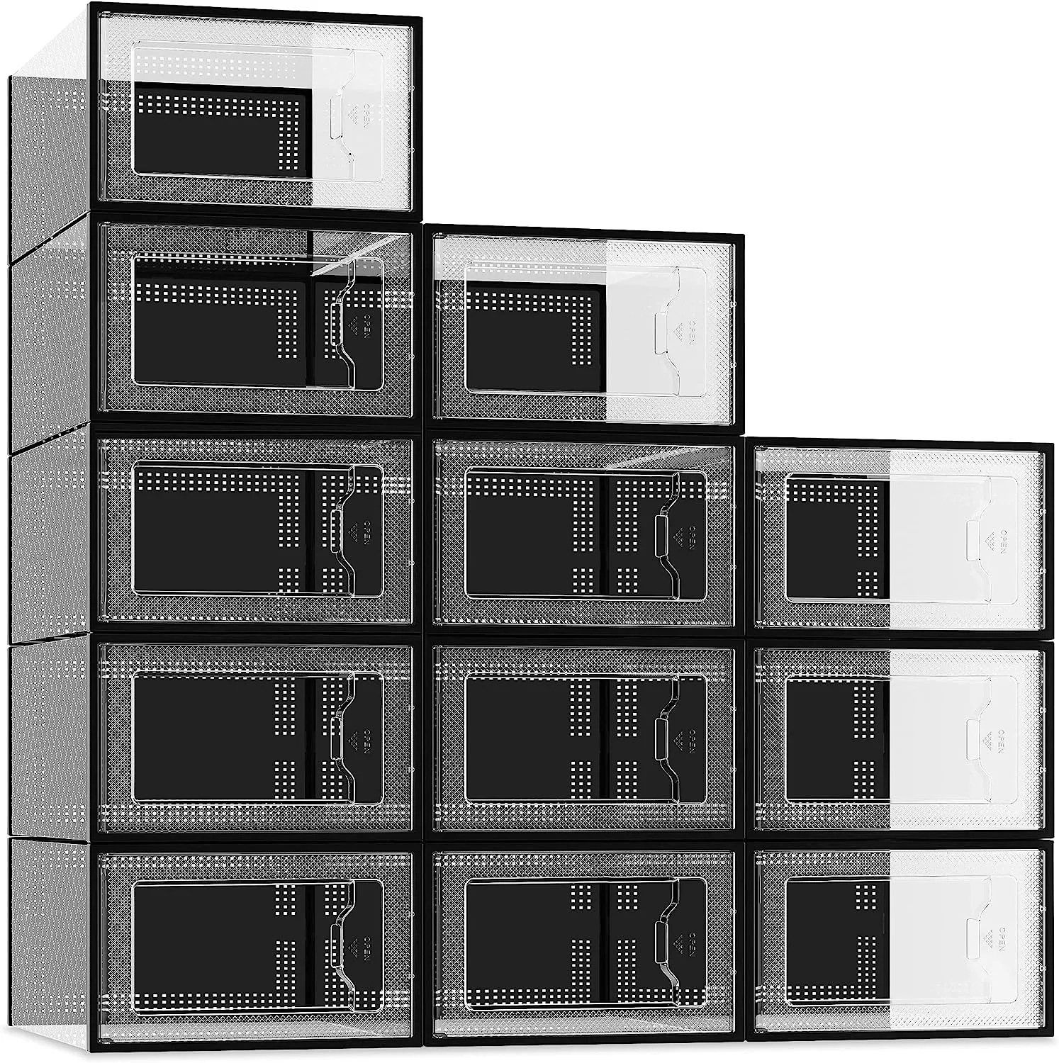 SEE SPRING Large 12 Pack Shoe Storage Box, Clear Plastic Stackable Shoe Organizer for Closet, Space Saving Foldable Shoe Rack Sneaker Containers Bins Holders (Black)
