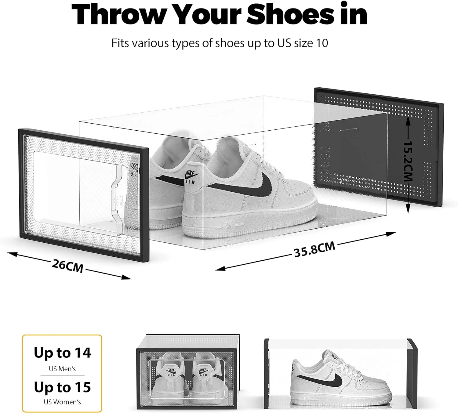 SEESRPING 12 Pack Shoe Storage Box, Clear Plastic Stackable Shoe Organizer for Closet, Space Saving X-Large Foldable Shoe Sneaker Containers Bins Holders Fit up to Size 14 (Black)