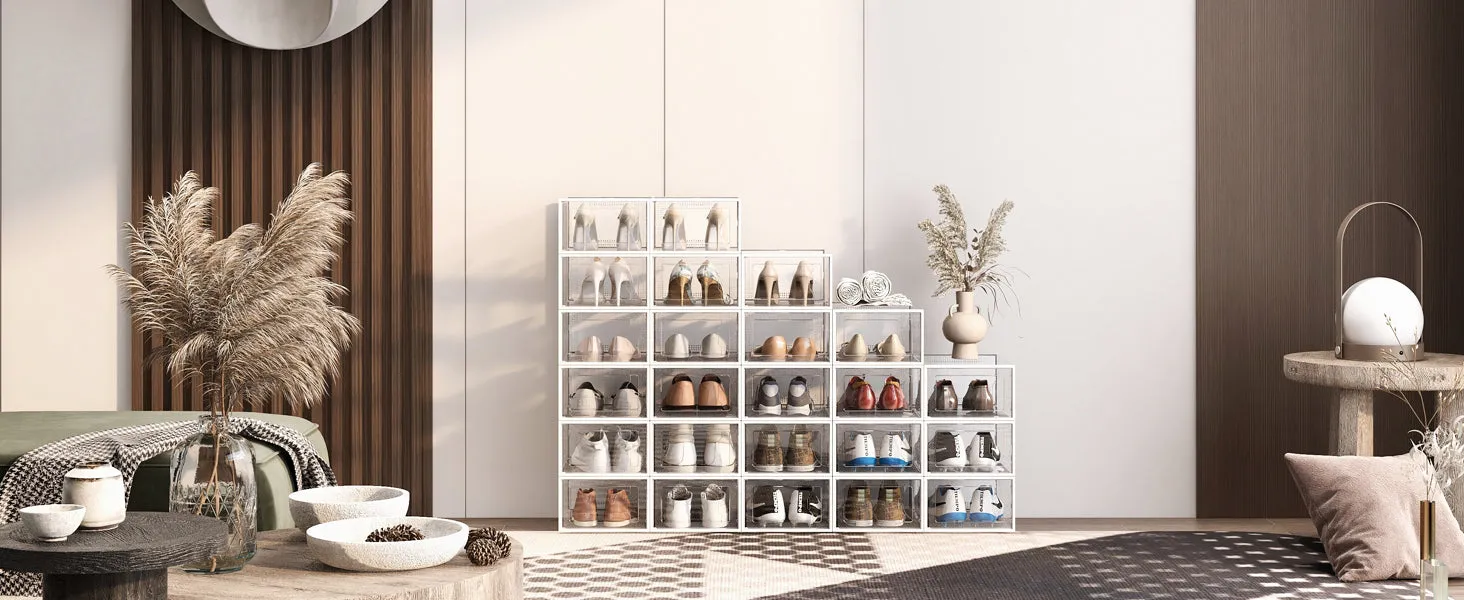 SEESRPING 12 Pack Shoe Storage Box, Clear Plastic Stackable Shoe Organizer for Closet, Space Saving X-Large Foldable Shoe Sneaker Containers Bins Holders Fit up to Size 14 (Black)