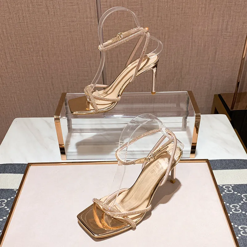 Silver Rhinestone Versatile Summer French High Heels Shoes
