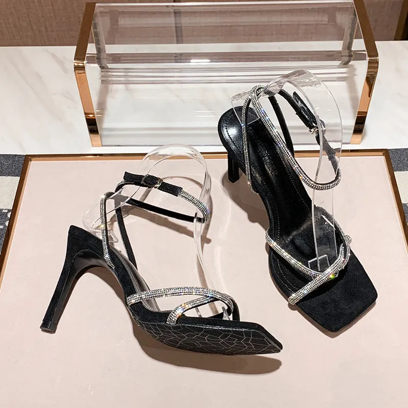 Silver Rhinestone Versatile Summer French High Heels Shoes