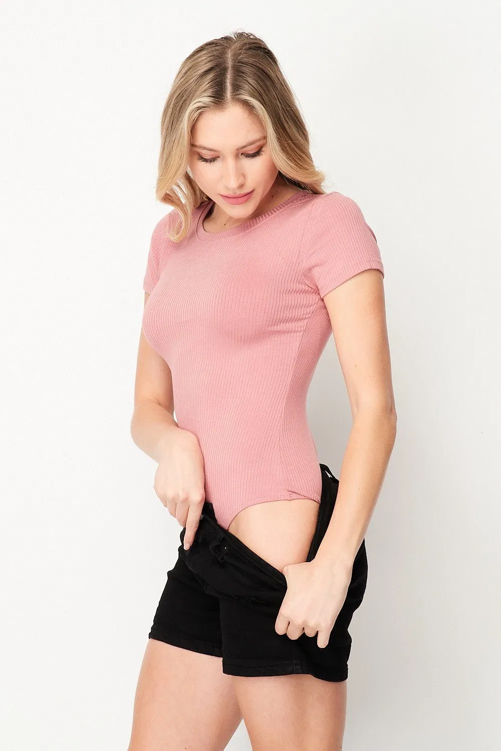 Solid Rib Knit Short Sleeve Bodysuit - 2 Colors