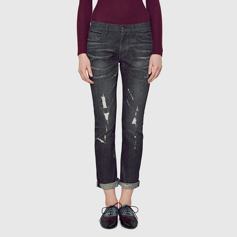sz 42 NEW $895 GUCCI RUNWAY Black STONE WASHED Stretch DISTRESSED Cropped JEANS