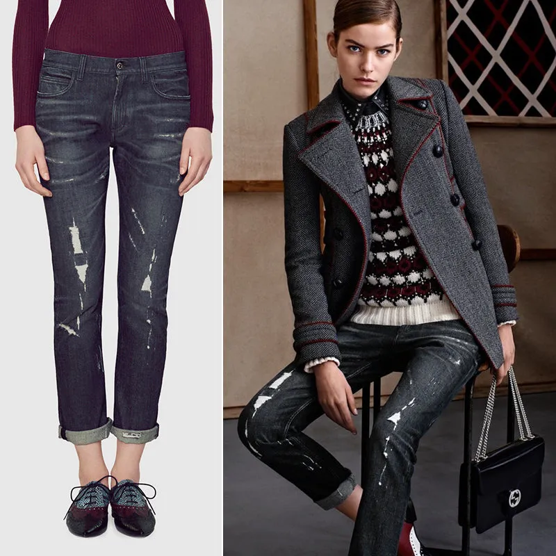 sz 42 NEW $895 GUCCI RUNWAY Black STONE WASHED Stretch DISTRESSED Cropped JEANS