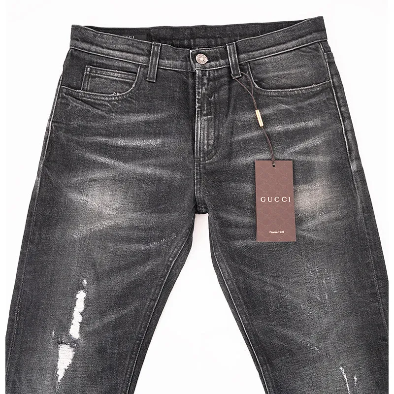 sz 42 NEW $895 GUCCI RUNWAY Black STONE WASHED Stretch DISTRESSED Cropped JEANS