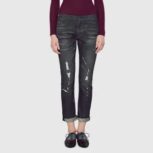 sz 42 NEW $895 GUCCI RUNWAY Black STONE WASHED Stretch DISTRESSED Cropped JEANS