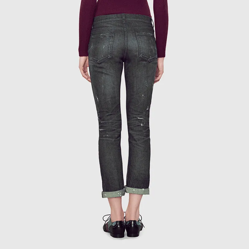 sz 42 NEW $895 GUCCI RUNWAY Black STONE WASHED Stretch DISTRESSED Cropped JEANS