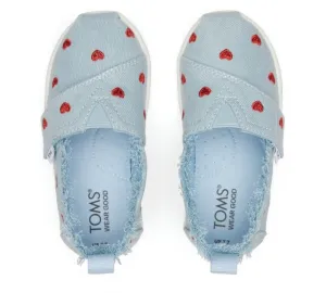 TOMS TINY Pastel Blue Washed Denim / Metallic Embroidered Hearts
